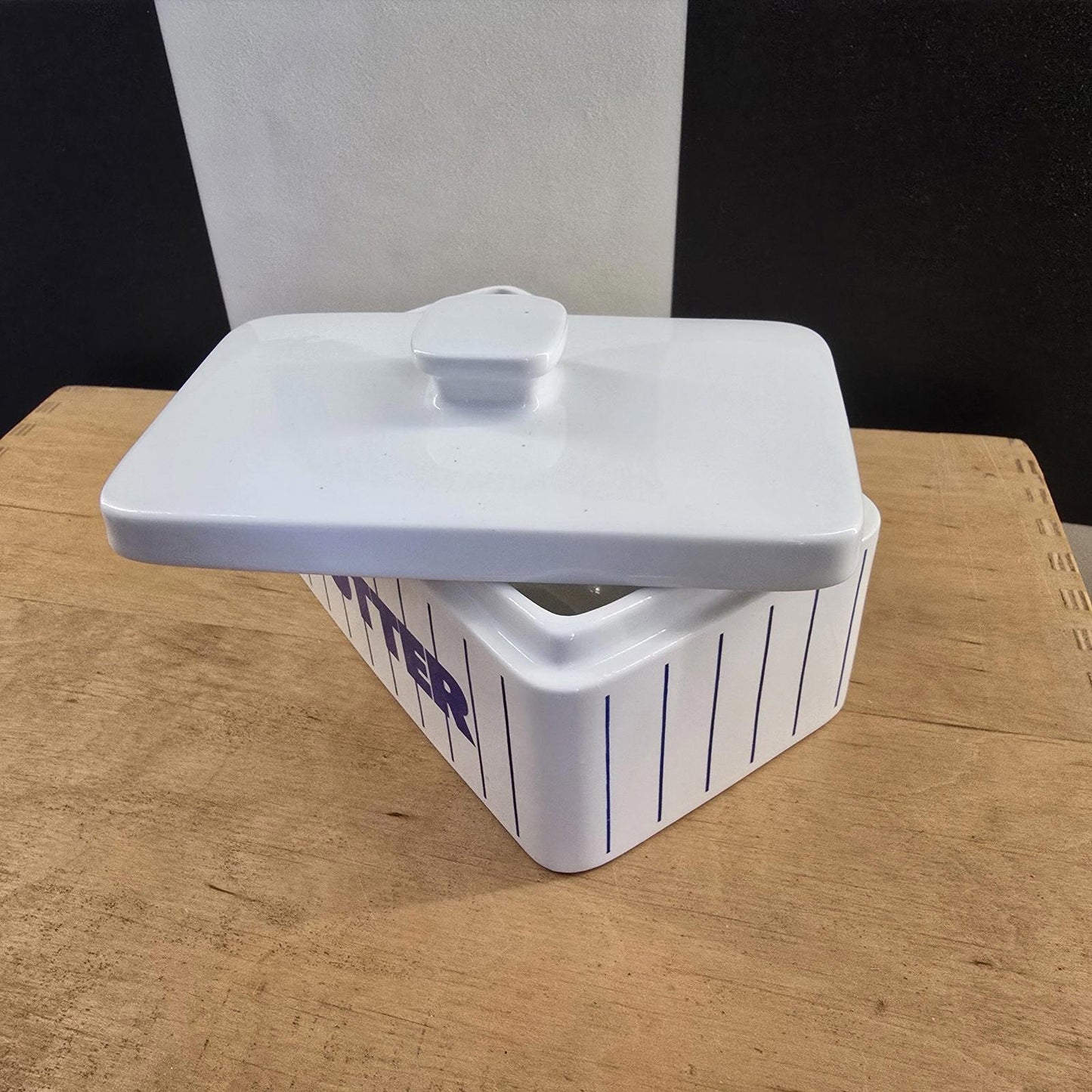 RARE Vintage Hornsea Blue Striped Butter Dish with Lid Retro Kitchenalia