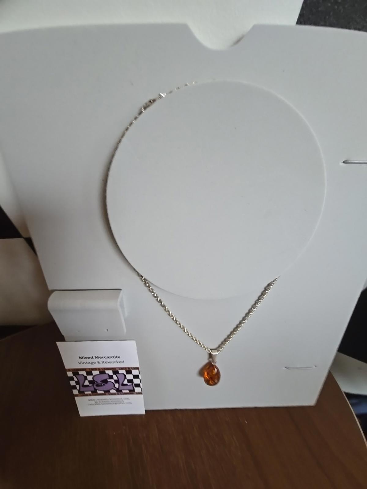 925 Stamped Sterling Silver Chain Necklace With Genuine Amber Pendant