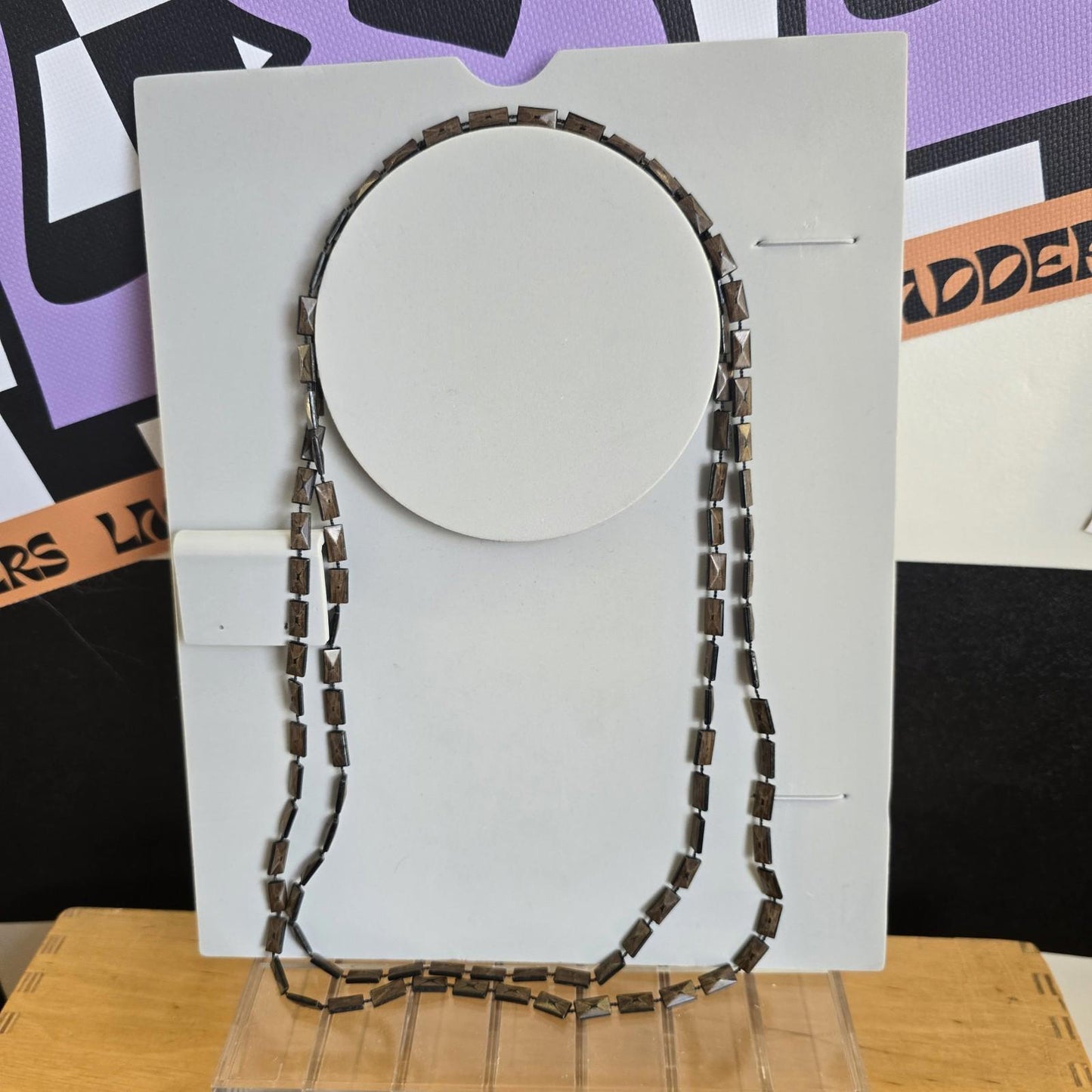 Unusual Vintage Wood Effect Long Necklace MCM 1960s Retro Statement Jewellery