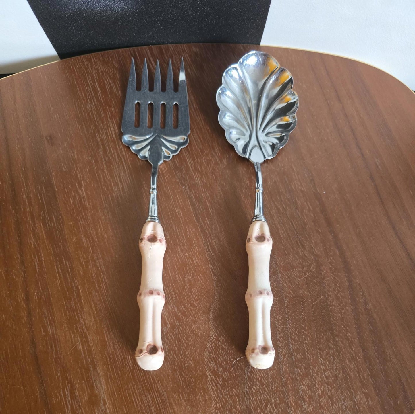 Retro Kitsch Serving Set Of  Fork & Spoon 1960s With Faux Bamboo Style Handles