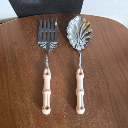 Retro Kitsch Serving Set Of  Fork & Spoon 1960s With Faux Bamboo Style Handles