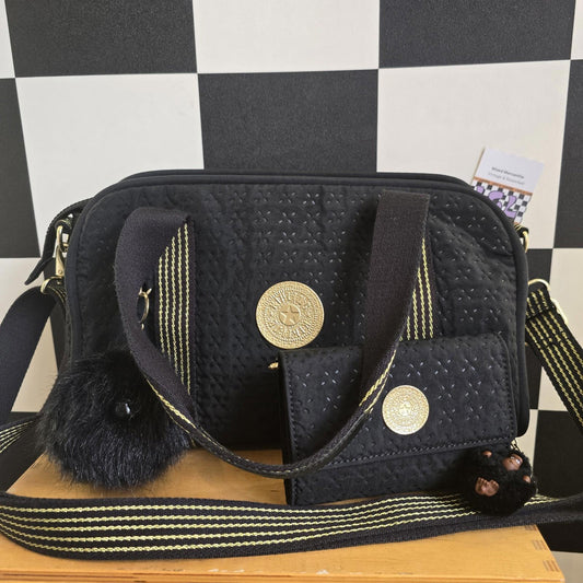 Kipling "Sinala" Premium Shoulder Bag with Detachable Strap & purse black & gold
