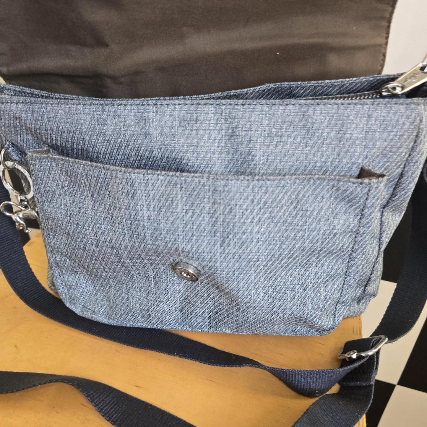 👜KIPLING “Luxeable” Premium Canvas Jean Blue Crossbody Bag, Medium Satchel