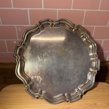 VINTAGE EPNS SILVER PLATED ENGRAVED SERVING TRAY ORNATE SCALLOPED EDGE claw foot