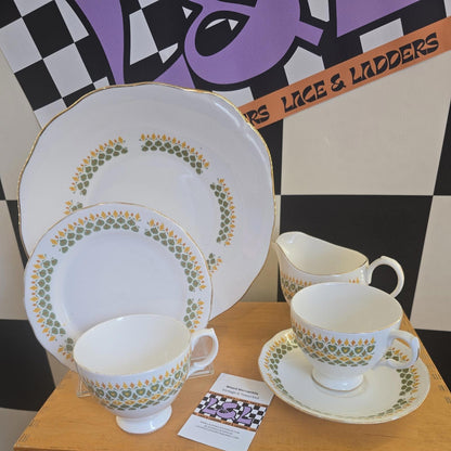 Vintage Bone China Cup, Saucer, Extras Green & Orange Heart Design Royal Kent