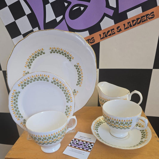 Vintage Bone China Cup, Saucer, Extras Green & Orange Heart Design Royal Kent