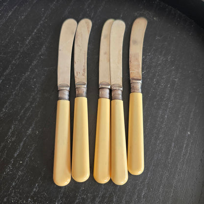 Set of 5 Vintage Butter Knives with Yellow Handles SILVER PLATED EPNS