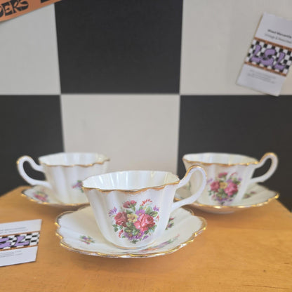 Vintage Antique Fine Bone China Tea Saucer & Set x3 England Brama Roses Gold Rim