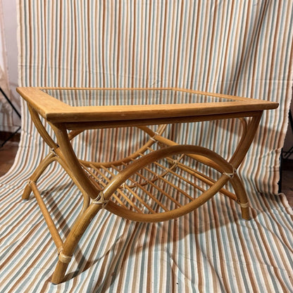 MCM Vintage Bamboo Coffee Table with Square Top and Glass 70s Retro Design