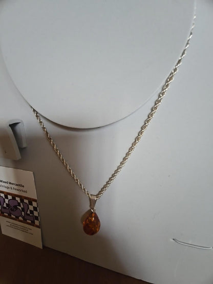 925 Stamped Sterling Silver Chain Necklace With Genuine Amber Pendant