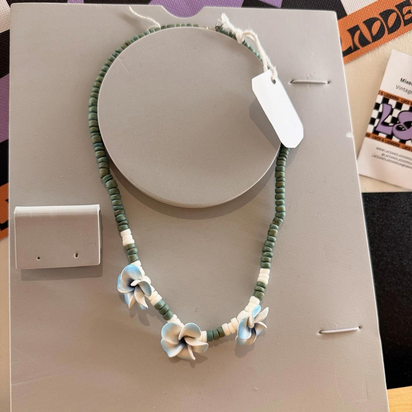 Pula Shell Turquoise Necklace with Blue Flowers Vintage 80s