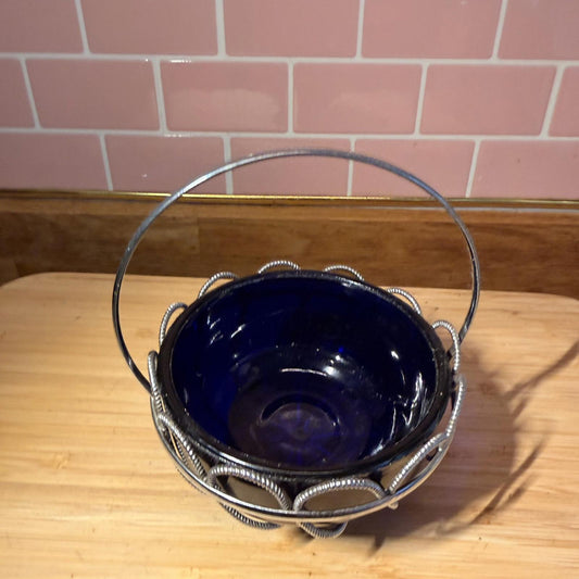Vintage Cobalt Blue Glass Serving Bowl  with Chrome Fittings & Handle