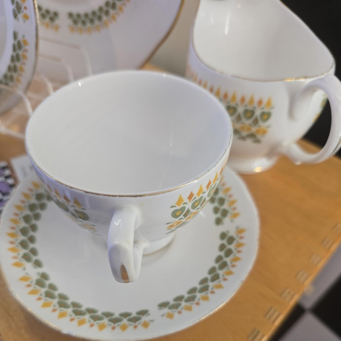 Vintage Bone China Cup, Saucer, Extras Green & Orange Heart Design Royal Kent