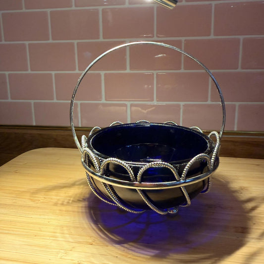 Vintage Cobalt Blue Glass Serving Bowl  with Chrome Fittings & Handle