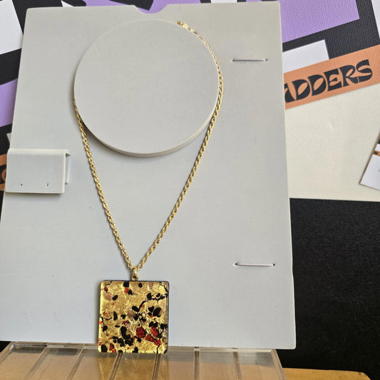 Vintage Statement Large Pendant Square Fused Glass Necklace On Gold Chain