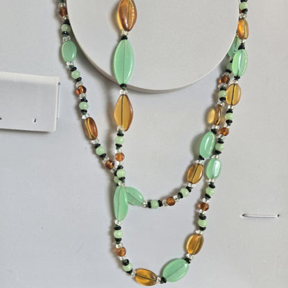 Vintage Mint Green and Amber Beaded Long Necklace Costume Jewellery Retro