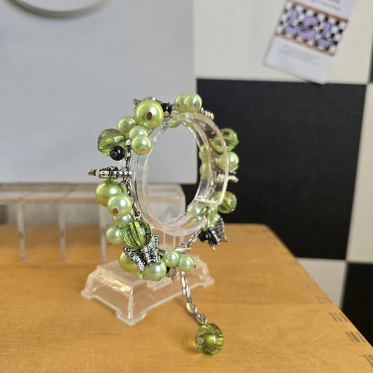 Vintage Green Y2k Multi Charm Bracelet Costume Jewellery Silver Tone