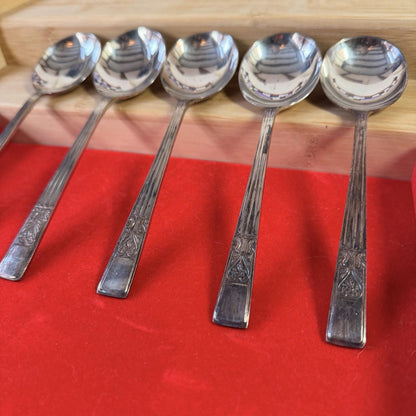 5Silver Plated Soup Spoons Incredibly Detailed Pattern Antique Cutlery Vintage