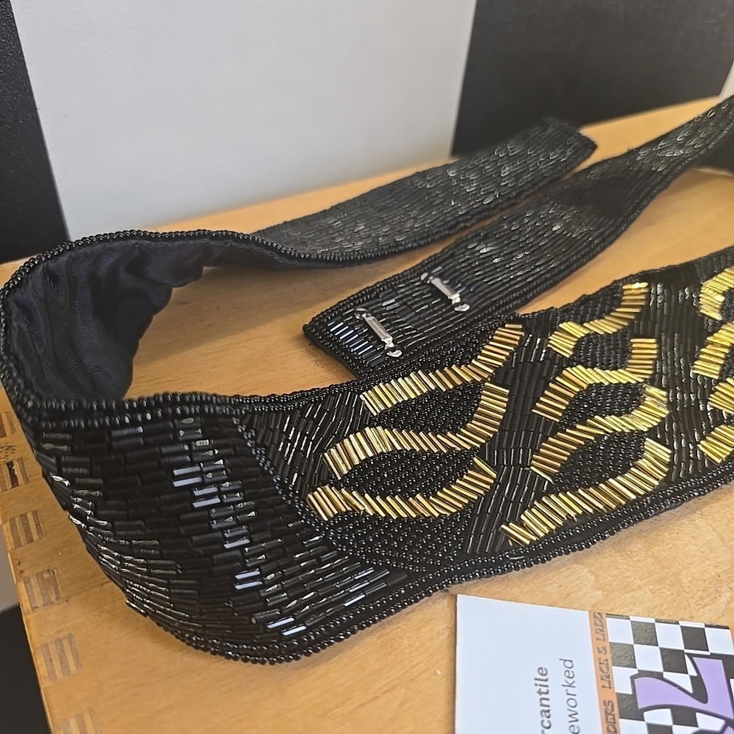 1980s Hand Made Beaded Belt Waist Belt 91cm Long Vintage Black & Gold