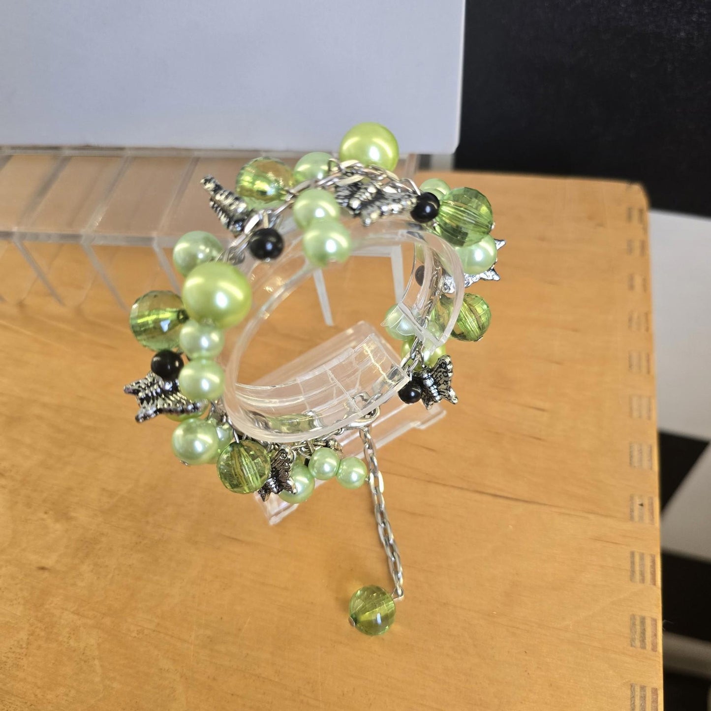 Vintage Green Y2k Multi Charm Bracelet Costume Jewellery Silver Tone