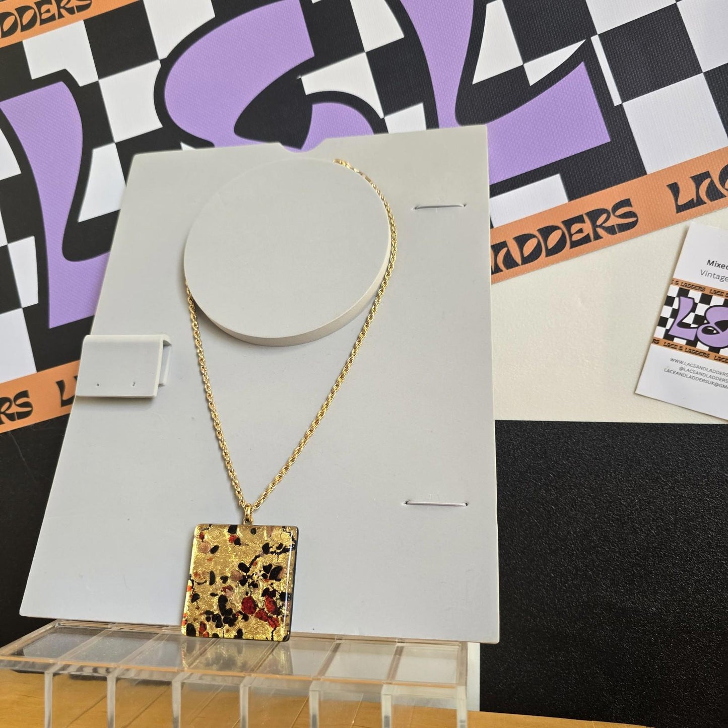 Vintage Statement Large Pendant Square Fused Glass Necklace On Gold Chain