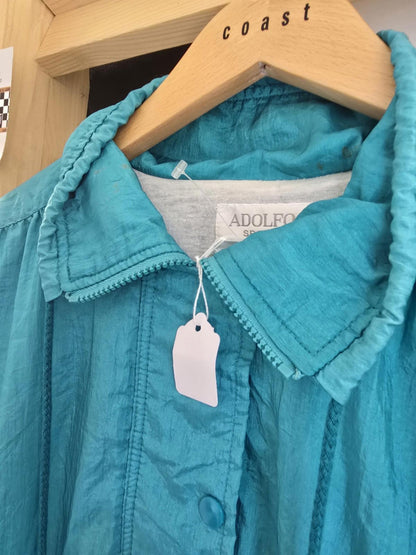 ADOLFO Blue Windbreaker Retro Vintage Jacket Ties And Cotton Lining Slight Mark