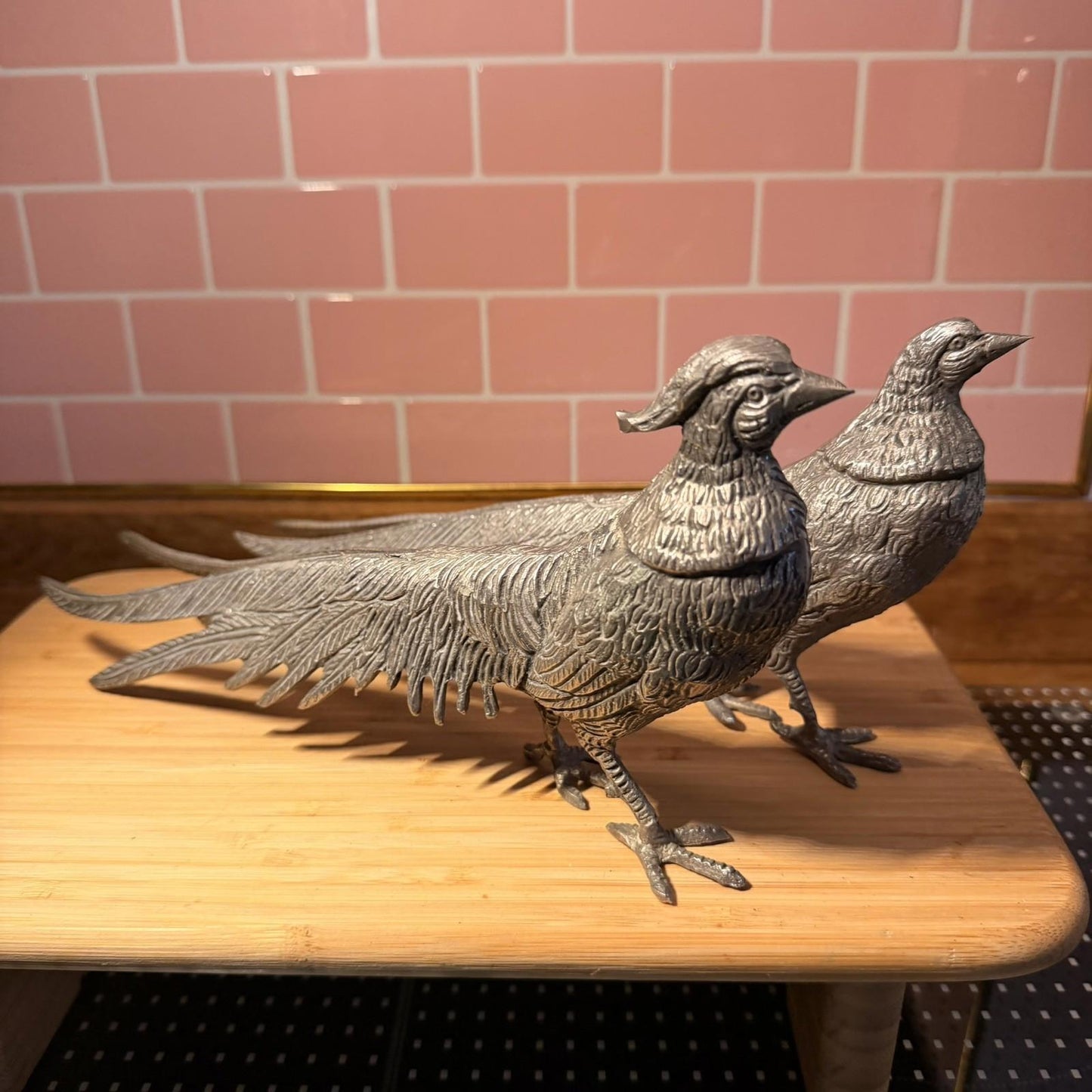 Vintage Alpaca Silver plated Italy Pair of Pheasants 13.3" & 12.5" Art Figurine