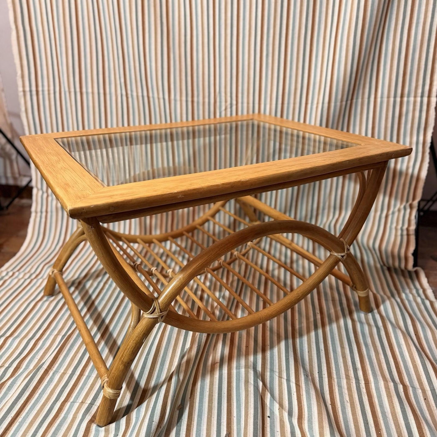 MCM Vintage Bamboo Coffee Table with Square Top and Glass 70s Retro Design