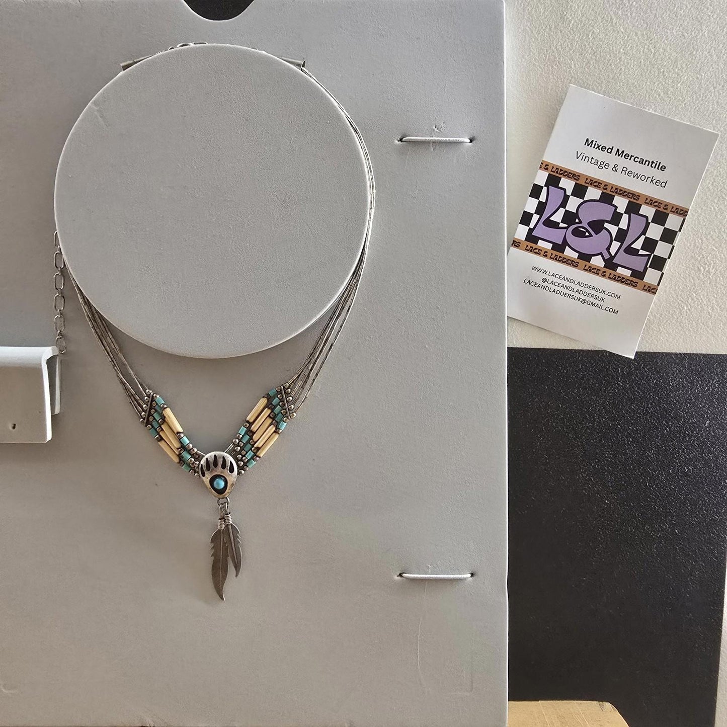 Vintage Carolyn Pollack Southwestern Liquid Silver Stone Claw Feather Necklace