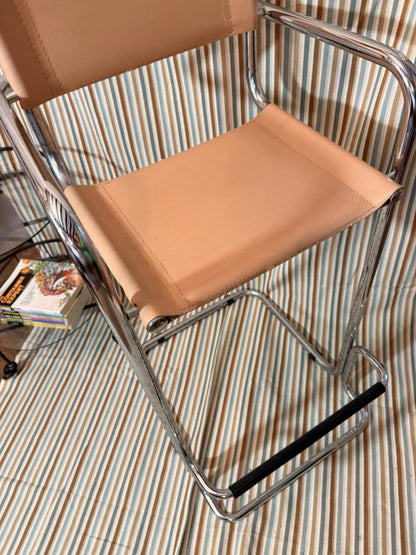 Vintage Tubular Chrome Leather Bar Stool Mart Stam Bauhaus Style, Italian MCM