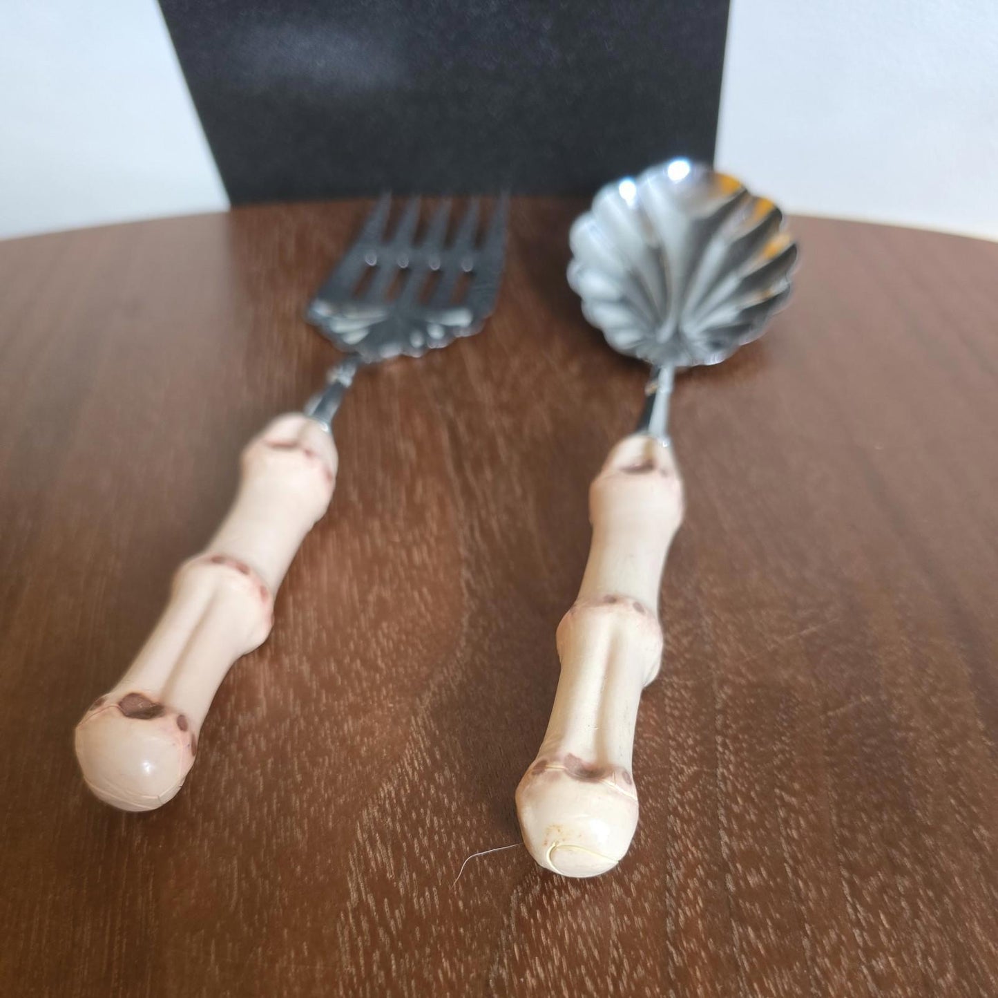 Retro Kitsch Serving Set Of  Fork & Spoon 1960s With Faux Bamboo Style Handles