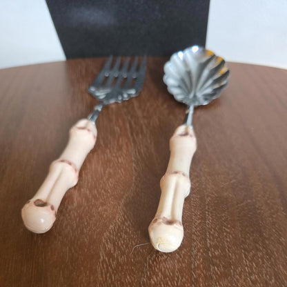 Retro Kitsch Serving Set Of  Fork & Spoon 1960s With Faux Bamboo Style Handles