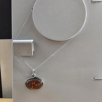 Cognac / Brown BALTIC AMBER Oval Pendant 925 STERLING SILVER Vintage Large
