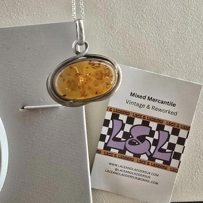 Cognac / Brown BALTIC AMBER Oval Pendant 925 STERLING SILVER Vintage Large