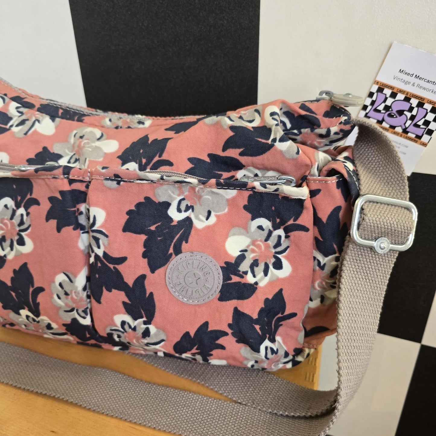 Kipling Cross Body Bag Peach Black Flowers Large With Monkey extra pockets