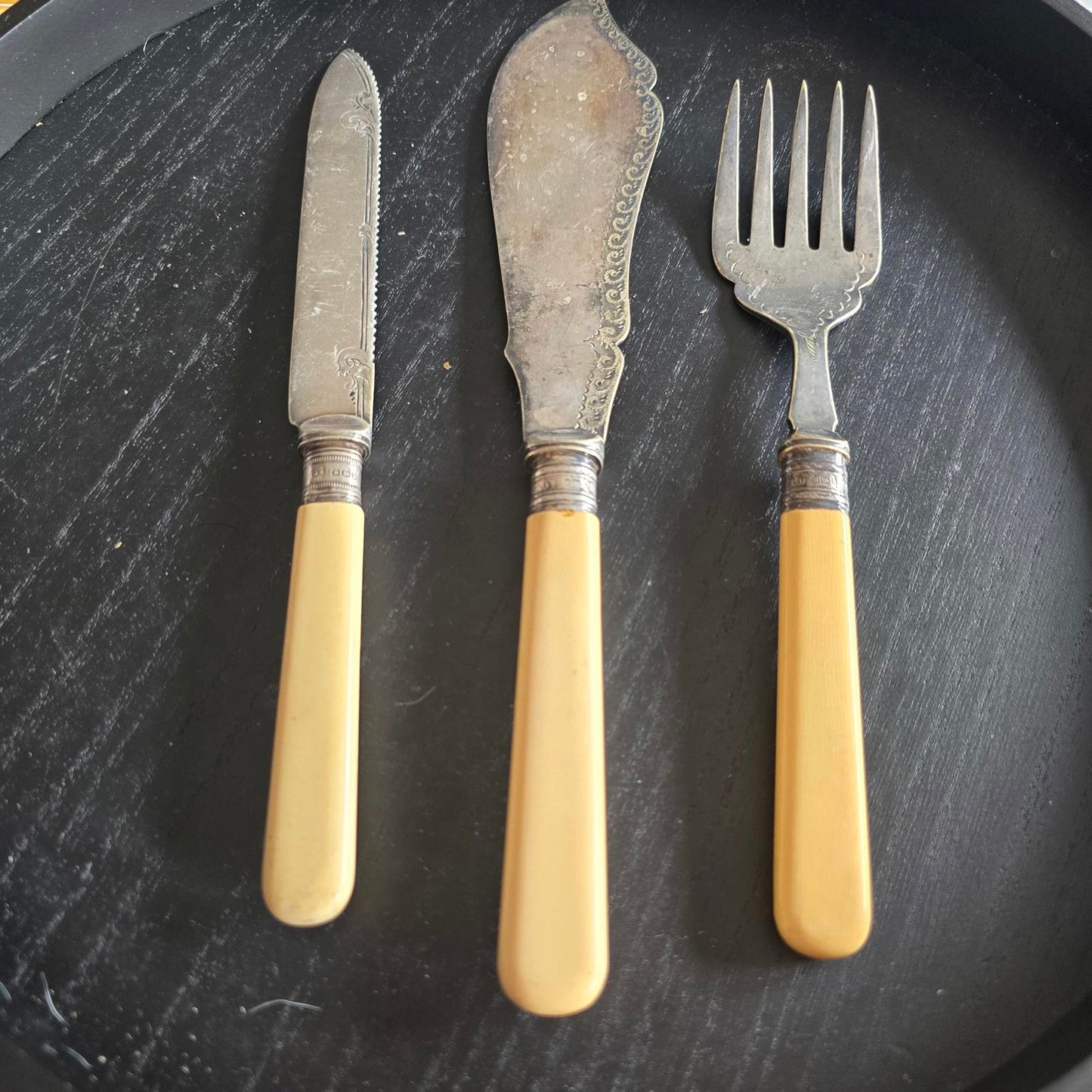 Vintage Cutlery Set with Yellow Handles Real Silver AND Epsn - 3 Pieces