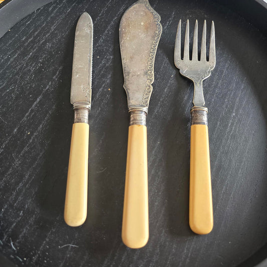 Vintage Cutlery Set with Yellow Handles Real Silver AND Epsn - 3 Pieces