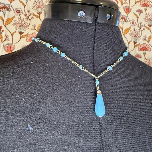 Vintage Costume Jewellery Necklace Metal Chain Design blue turquoise pendant