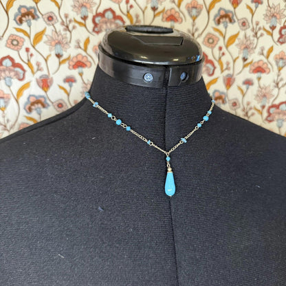 Vintage Costume Jewellery Necklace Metal Chain Design blue turquoise pendant