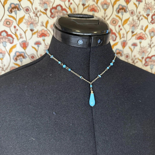 Vintage Costume Jewellery Necklace Metal Chain Design blue turquoise pendant