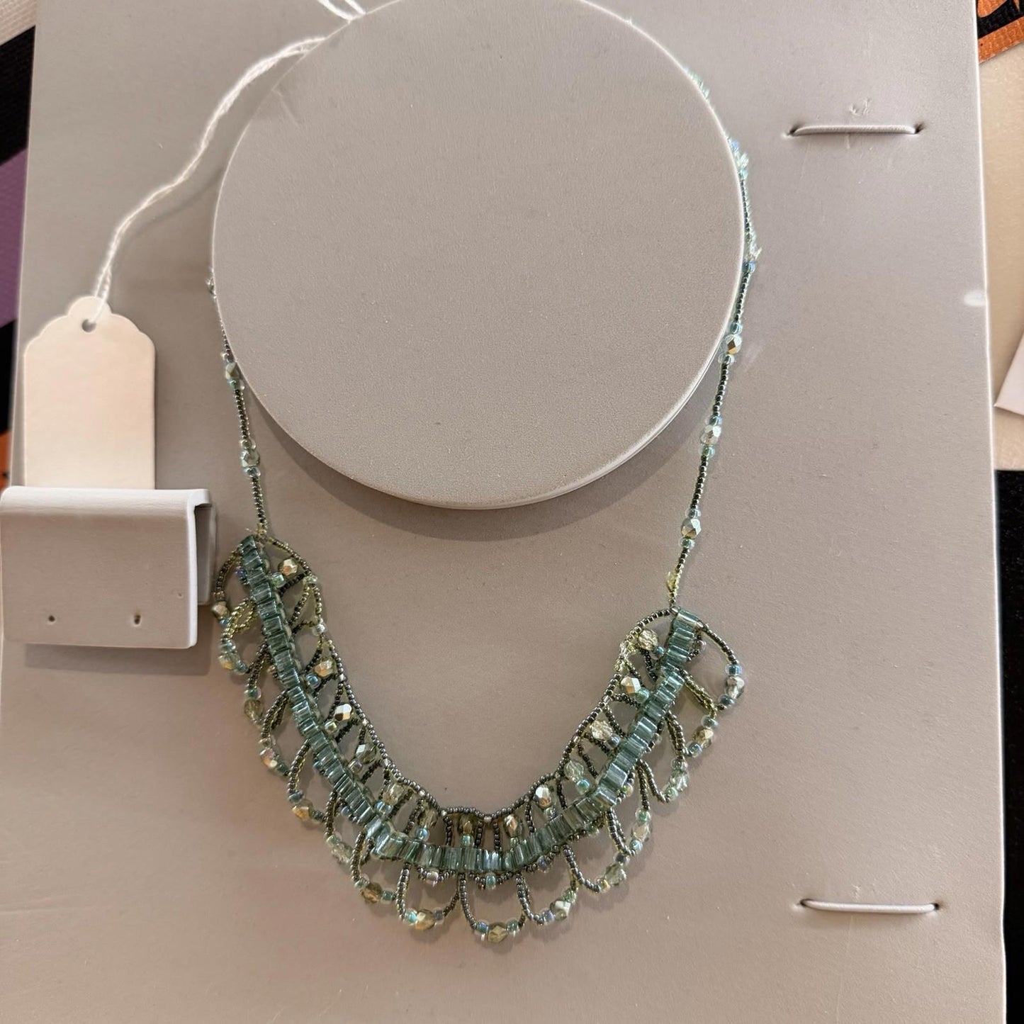 Vintage Handmade Beaded Necklace Green Complex Pattern Choker