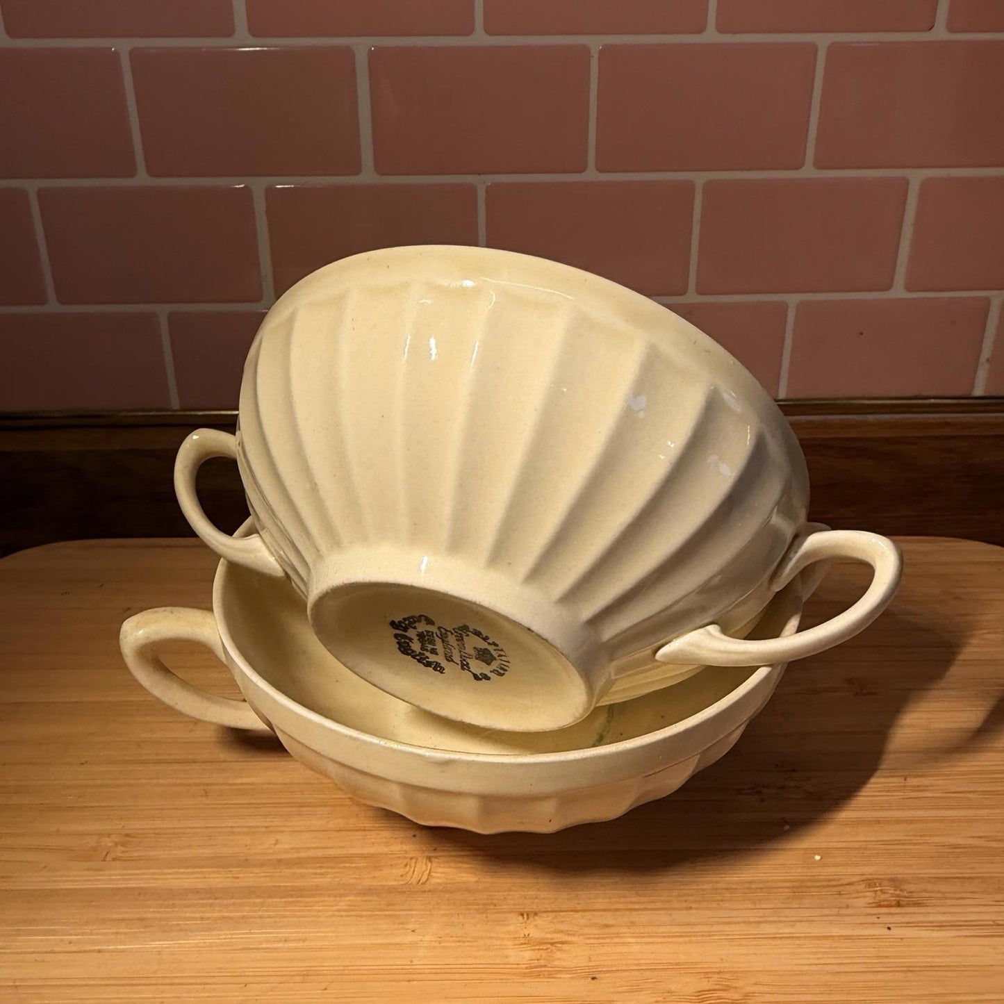 Crown Ducal Ribbed Soup Bowl Pair Art Deco Antique Cream early english rare