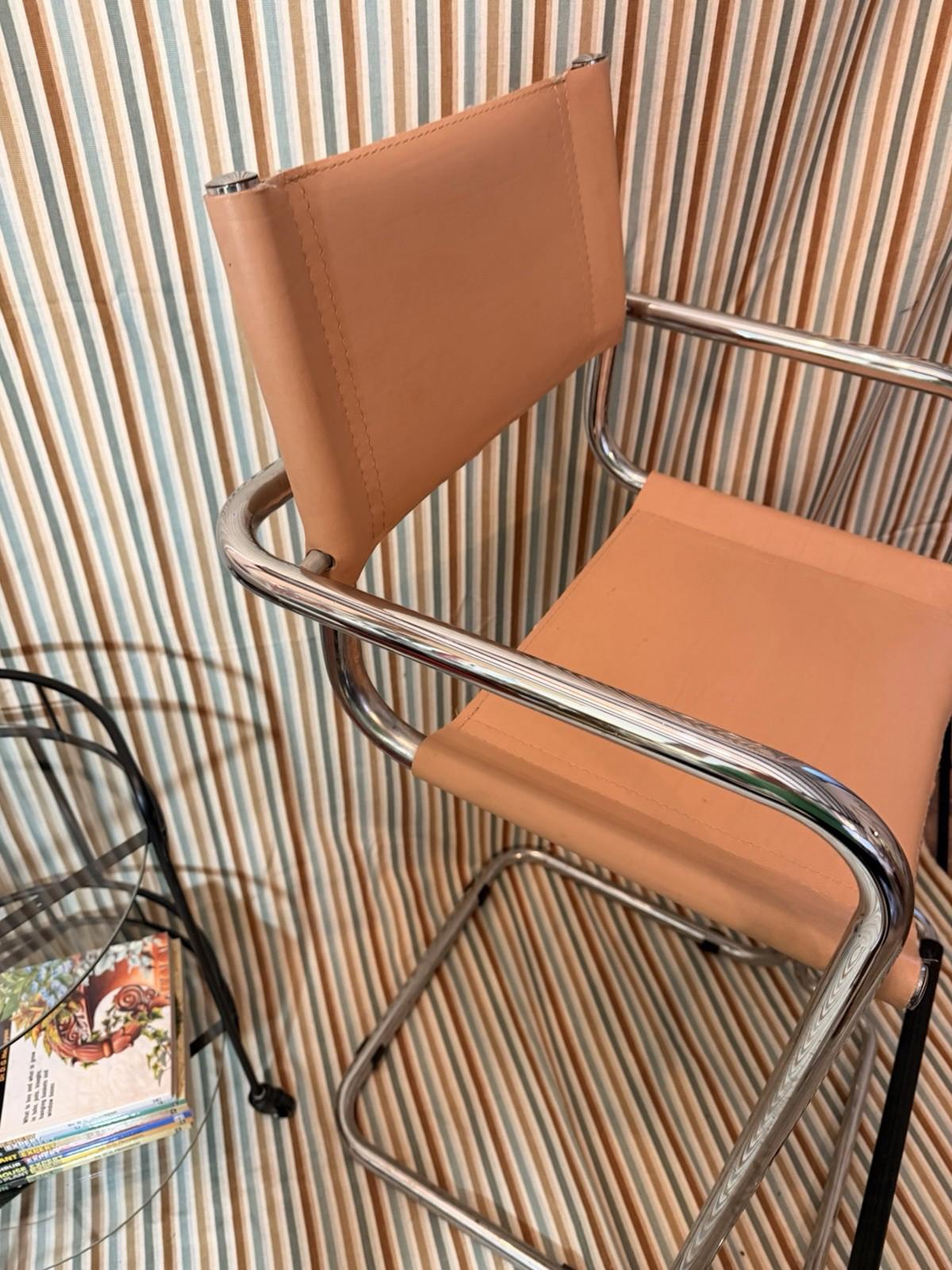 Vintage Tubular Chrome Leather Bar Stool Mart Stam Bauhaus Style, Italian MCM