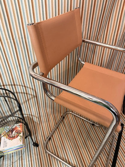 Vintage Tubular Chrome Leather Bar Stool Mart Stam Bauhaus Style, Italian MCM