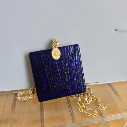 Vintage Statement Large Pendant Square Fused Glass Necklace On Gold Chain