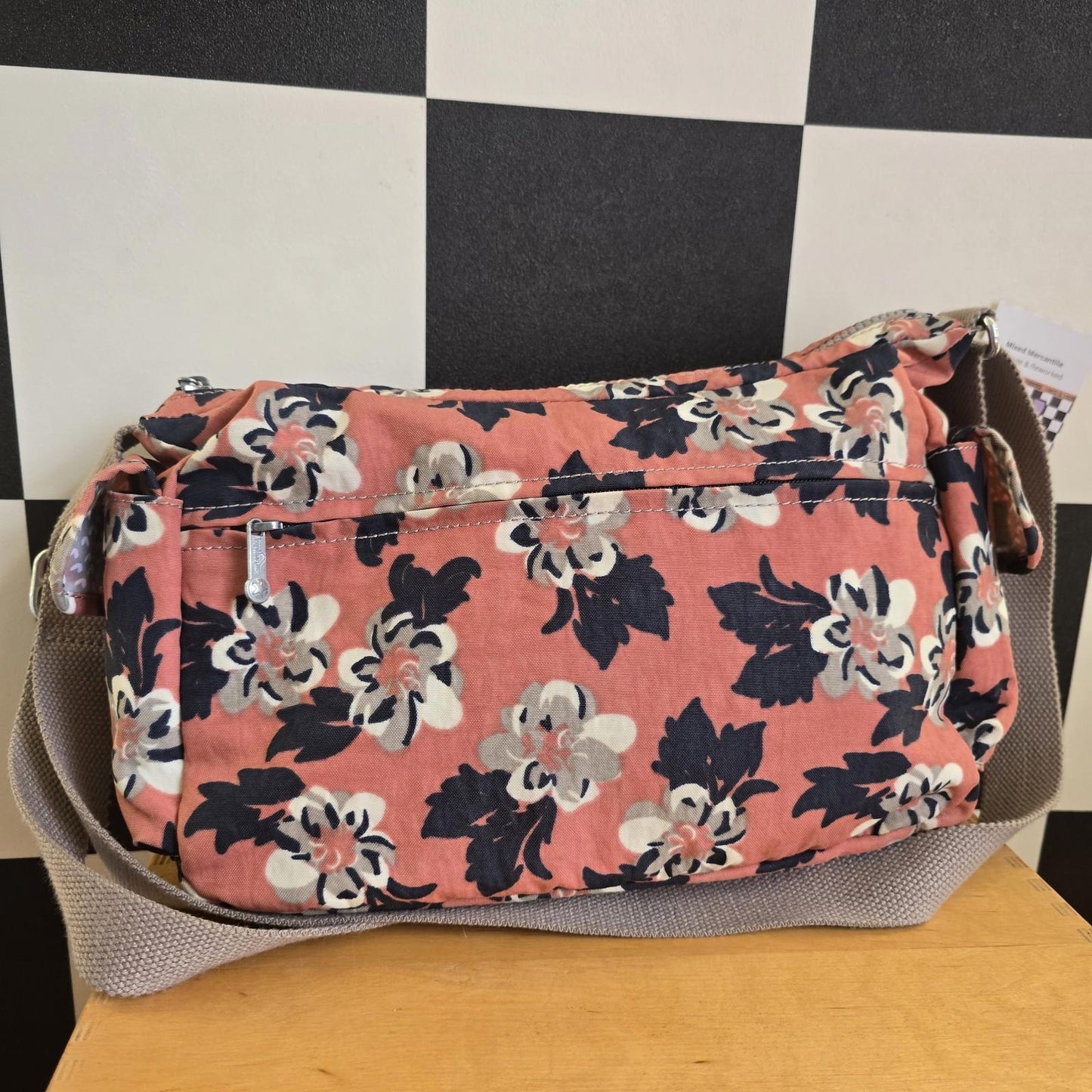 Kipling Cross Body Bag Peach Black Flowers Large With Monkey extra pockets