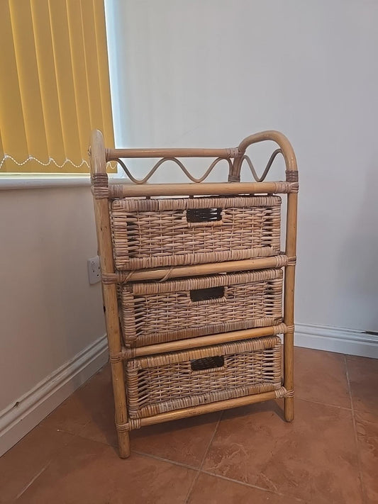 Bamboo Cane & Wicker 3 Drawer w Shelf Unit Storage Boho Vintage Retro 1970’s Vgc