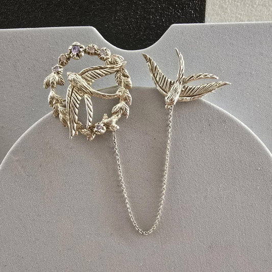 Antique Solid Silver Swallow Bird Brooch With Gemstones Plus Safety Swallow