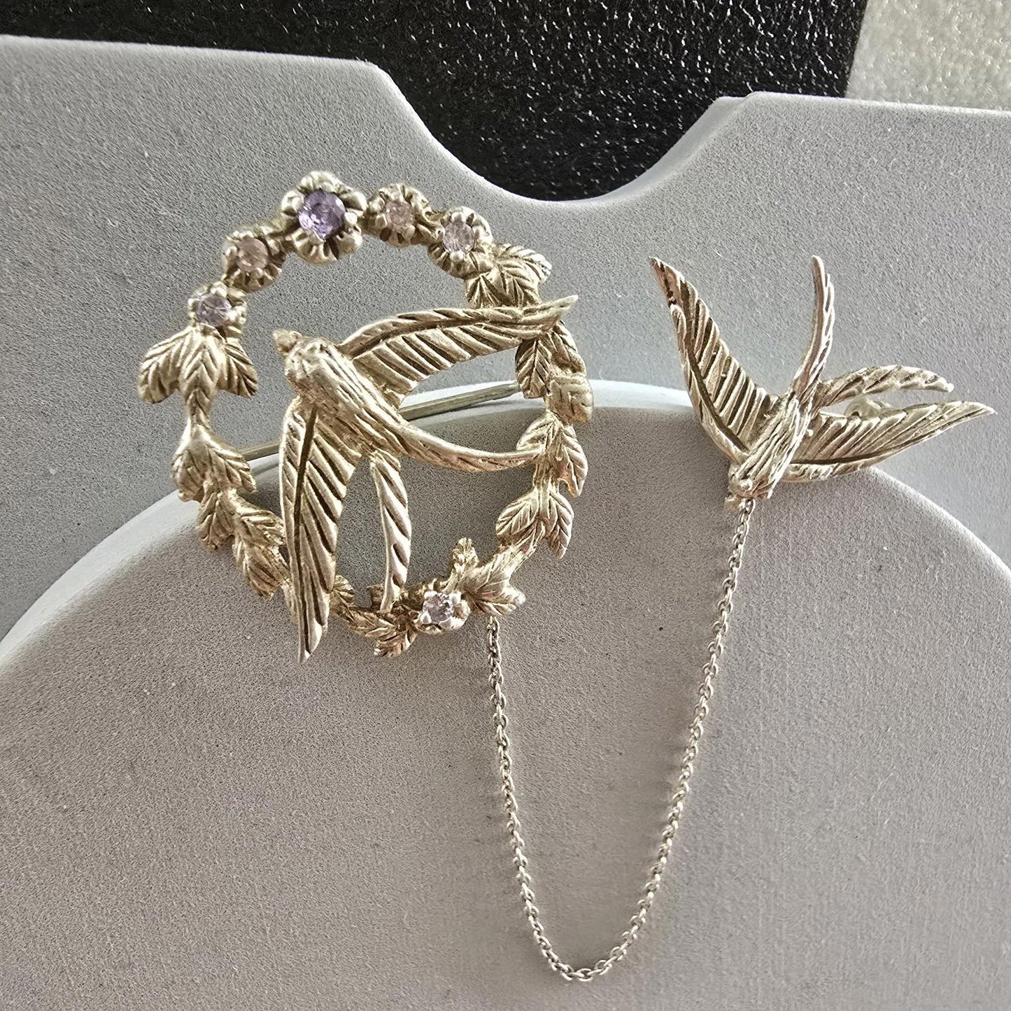 Antique Solid Silver Swallow Bird Brooch With Gemstones Plus Safety Swallow