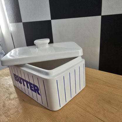 RARE Vintage Hornsea Blue Striped Butter Dish with Lid Retro Kitchenalia